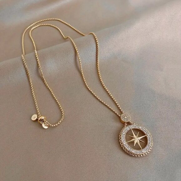 Gold Tone Compass Necklace with Rhinestones #1459 - Picture 5 of 16